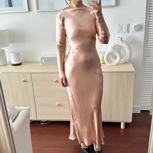 NEW Bec & Bridge Maxi Dress Womens 4 Satin Open Back Gown Rose Gold Luxury